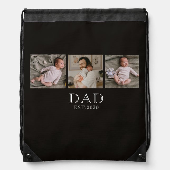 Dad Established 3 Photo Black  Drawstring Bag (Front)