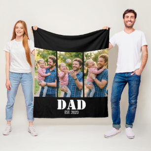 Dad Established 3-Photo Bold White & Black Modern Fleece Blanket