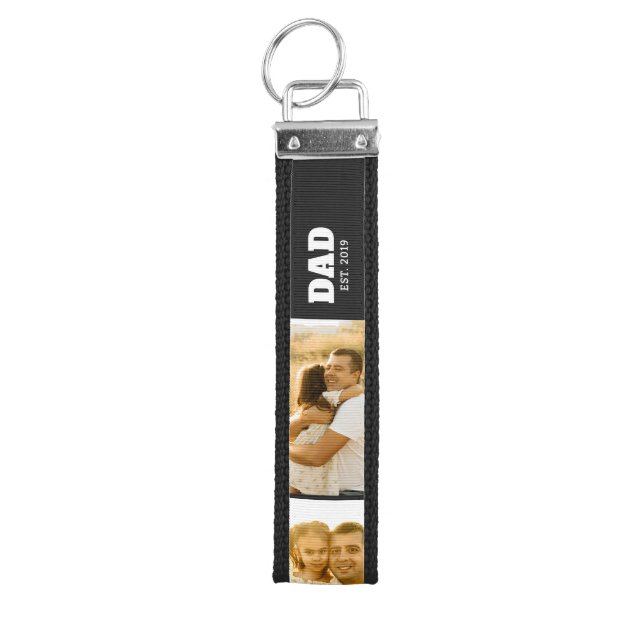 Dad Established Black Bold 3 Photo Wrist Keychain (Keys on Top)