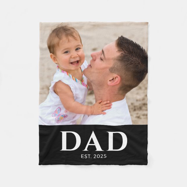 Dad Established Black Modern Photo Fleece Blanket (Front)