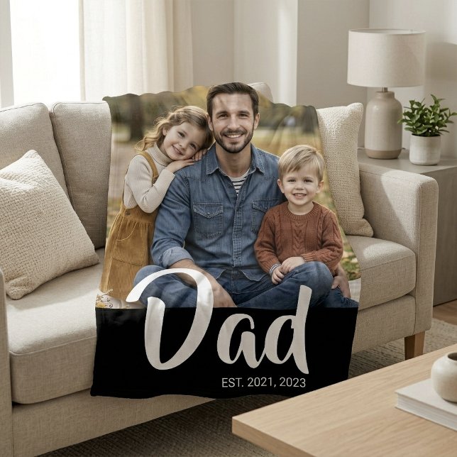 Dad Established Black Modern Script Photo Fleece Blanket (Dad Established Black Modern Script Photo Fleece Blanket)