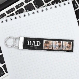Dad Established Bold Typography Black 3 Photo Wrist Keychain