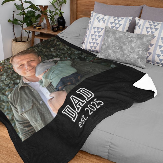 Dad Established Custom Year Photo Father Keepsake Fleece Blanket (Creator Uploaded)