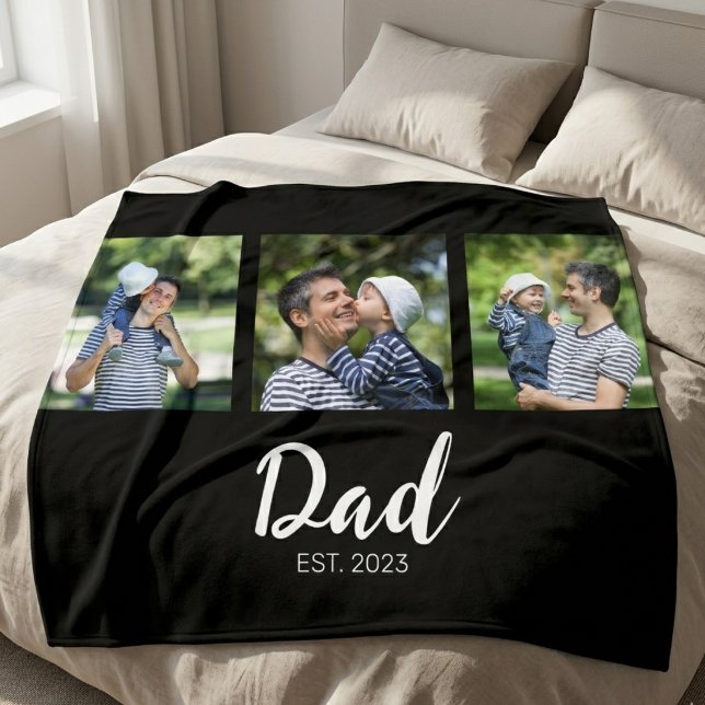Dad Established Elegabt Script Black 3 Photo Fleece Blanket (Creator Uploaded)