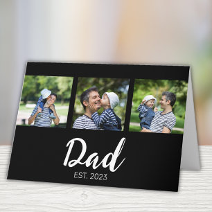 Dad Established Elegant Script Black 3 Photo Card