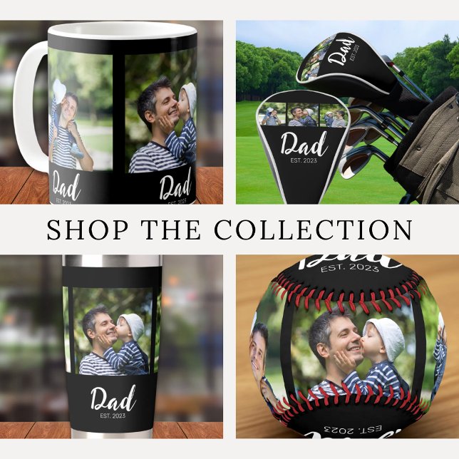 Dad Established Elegant Script Black 3 Photo Card (Creator Uploaded)