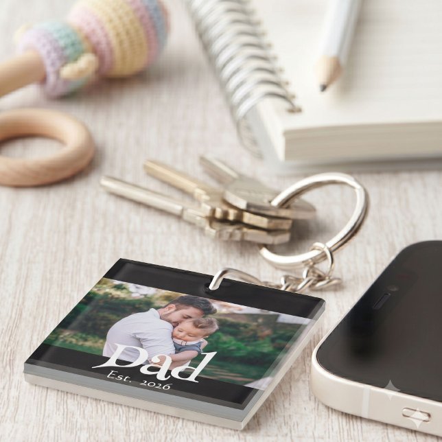 Dad Established Fun Bold Simple Text + Photo Black Keychain (Creator Uploaded)