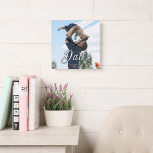 Dad Established Fun Script Photo Heart Gift  Square Wall Clock