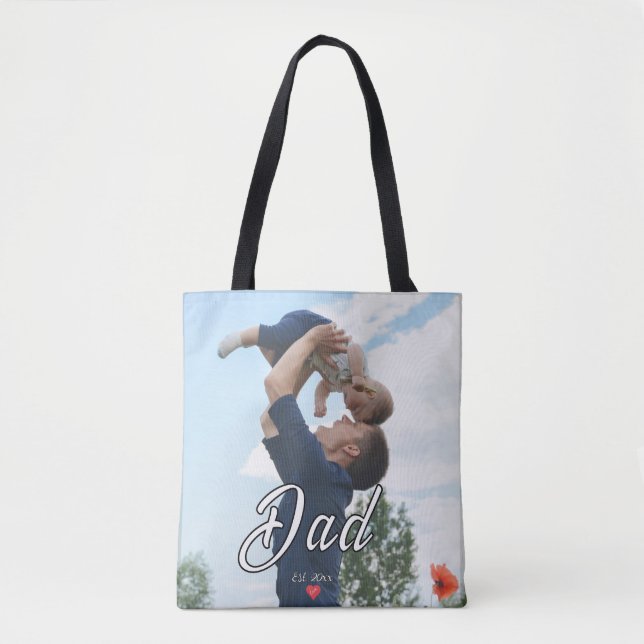 Dad Established Fun Script Photo Heart Gift  Tote Bag (Front)
