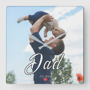 Dad Established Fun Script Photo Heart  Square Wall Clock