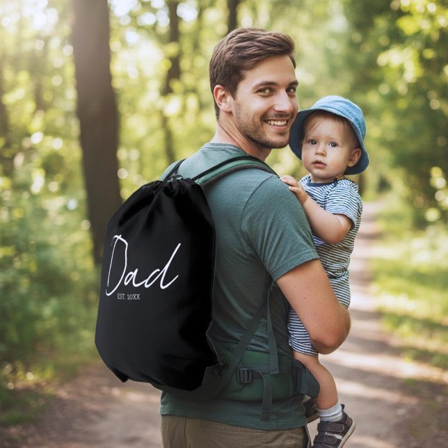 Dad Established Minimal Modern Script Black Drawstring Bag (Creator Uploaded)