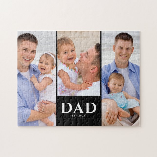 Dad Established Modern Black 3 Photo Jigsaw Puzzle (Horizontal)