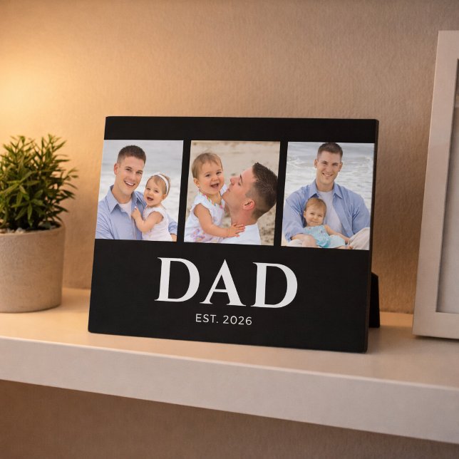 Dad Established Modern Black 3 Photo Plaque (Creator Uploaded)