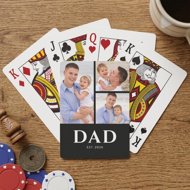 Dad Established Modern Black 3 Photo Poker Cards (Creator Uploaded)