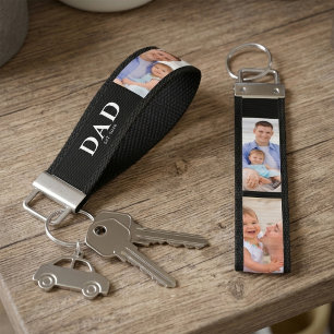 Dad Established Modern Black 3 Photo Wrist Keychain