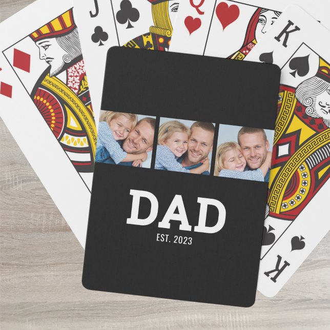 Dad Established Modern Bold Black 3 Photo Poker Cards (Creator Uploaded)