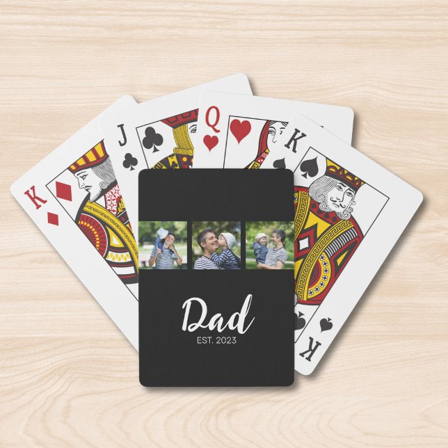 Dad Established Modern Bold Script Black 3 Photo Poker Cards (Creator Uploaded)