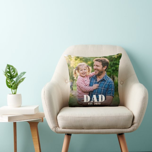 Dad Established Modern Bold Script Photo Throw Pillow (Chair)