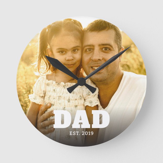 Dad Established Modern Bold Text Photo Round Clock (Front)