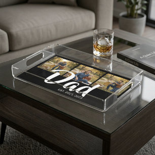 Dad Established Modern Script Black 3 Photo Acrylic Tray
