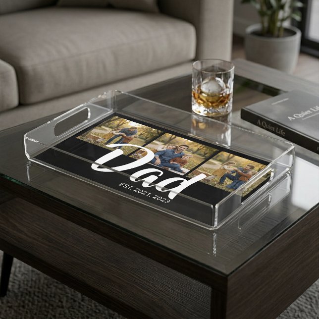Dad Established Modern Script Black 3 Photo Acrylic Tray (Dad Established Modern Script Black 3 Photo Acrylic Tray)