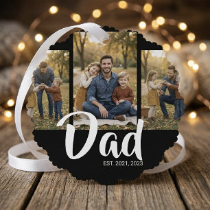Dad Established Modern Script Black 3 Photo Ornament Card
