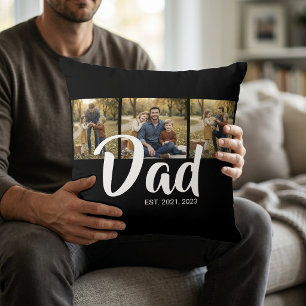 Dad Established Modern Script Black 3 Photo Throw Pillow