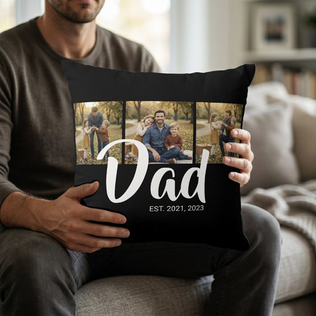Dad Established Modern Script Black 3 Photo Throw Pillow (Dad Established Modern Script Black 3 Photo Throw Pillow)
