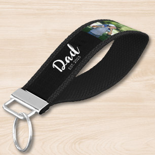 Dad Established Modern Script Black 3 Photo Wrist Keychain