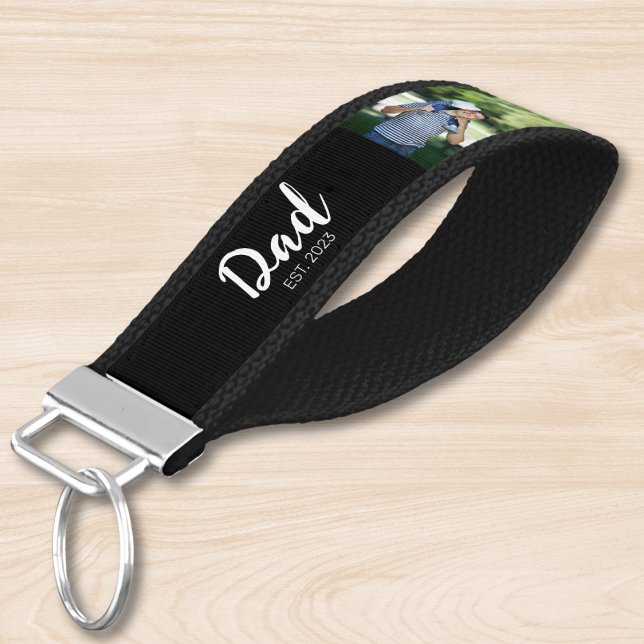 Dad Established Modern Script Black 3 Photo Wrist Keychain (Creator Uploaded)