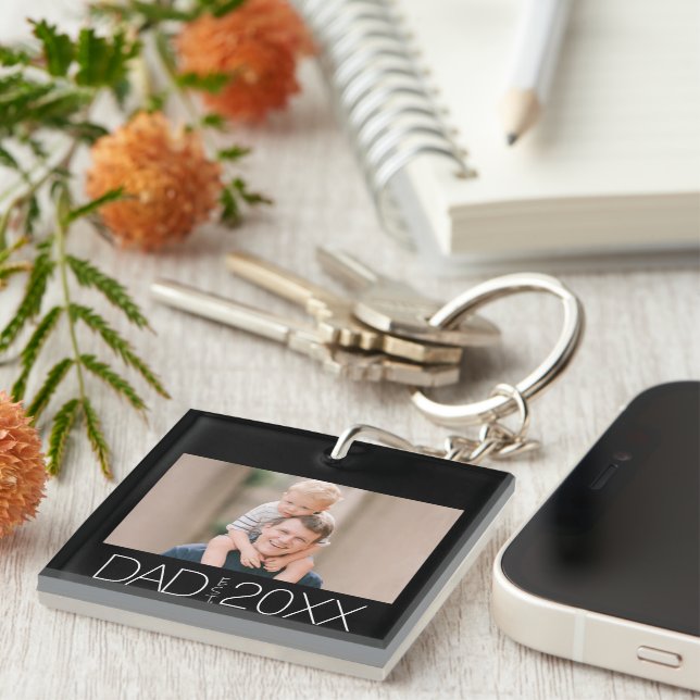 Dad Established Modern Script Photo  Keychain (Front Right)