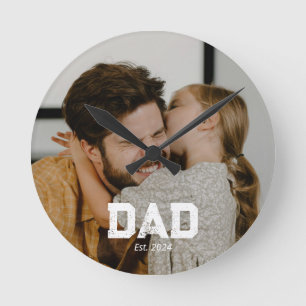 Dad Established Modern White Bold Photo Round Clock