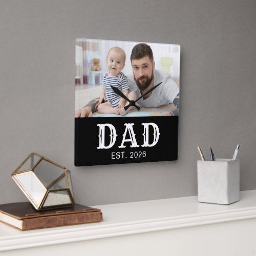 Dad Established Modern White Typography Photo Square Wall Clock