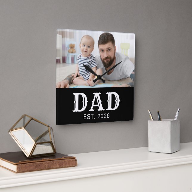 Dad Established Modern White Typography Photo Square Wall Clock (Office)