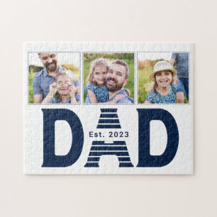 Dad Established Navy Blue Modern Simple 3 Photo Jigsaw Puzzle