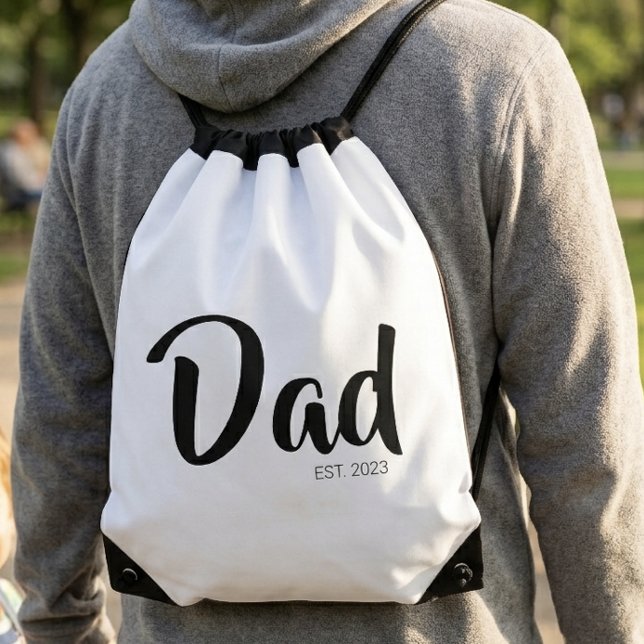 Dad Established New Dad Gift Drawstring Bag (Black Script Dad Established White Drawstring Bag)