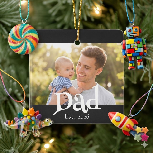 Dad Established Photo Black Fun Bold Simple Ceramic Ornament (Creator Uploaded)