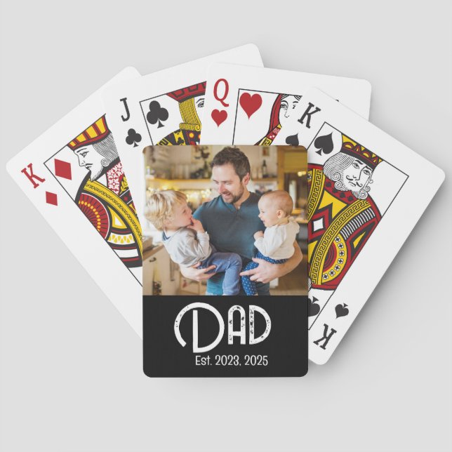 Dad Established Photo Black Grunge Script Poker Cards (Back)