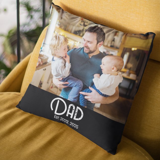 Dad Established Photo Black Grunge Script Throw Pillow (Creator Uploaded)