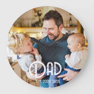 Dad Established Photo Black White Grunge Large Clock