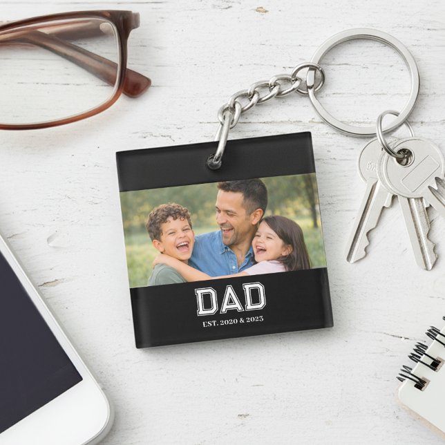 Dad Established Photo Modern Typography Gift Keychain (Dad Est. design with bold college-style typography and the years he became a dad )