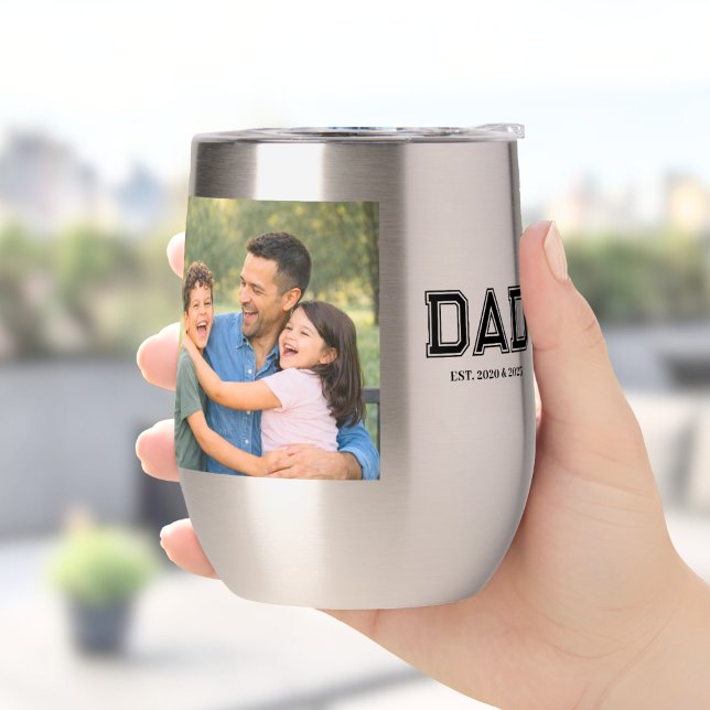 Dad Established Photo Modern Typography New Dad Thermal Wine Tumbler ("Dad Established" modern photo design with popular varsity style text. A great gift for Father's day)