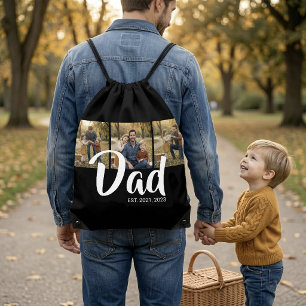 Dad Established Script Black 3 Photo Drawstring Bag