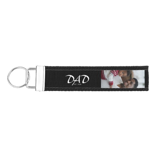 Dad Established Script Black 3 Photo Wrist Keychain (Keys on Left)