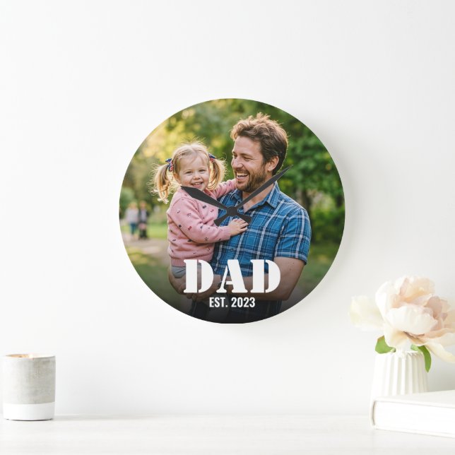 Dad Established Simple Bold Typography & Photo Large Clock (Home)