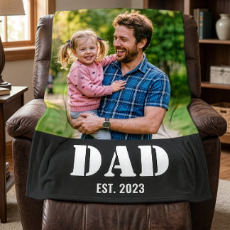 Dad Established Simple Bold White Text and Photo Fleece Blanket