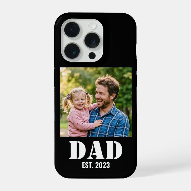 Dad Established Simple Bold White Text and Photo iPhone Case (Back)