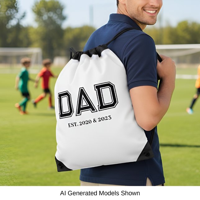 Dad Established Simple Modern College Typography Drawstring Bag (Dad Est. Year(s) design with bold college athletic style black text - fully personalizable)