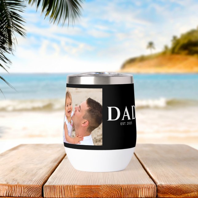 Dad Established Typography Black Photo Thermal Wine Tumbler (Beach (Rotated))