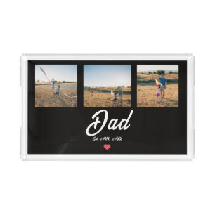 Dad Established White Script Red Heart 3 Photo Acrylic Tray